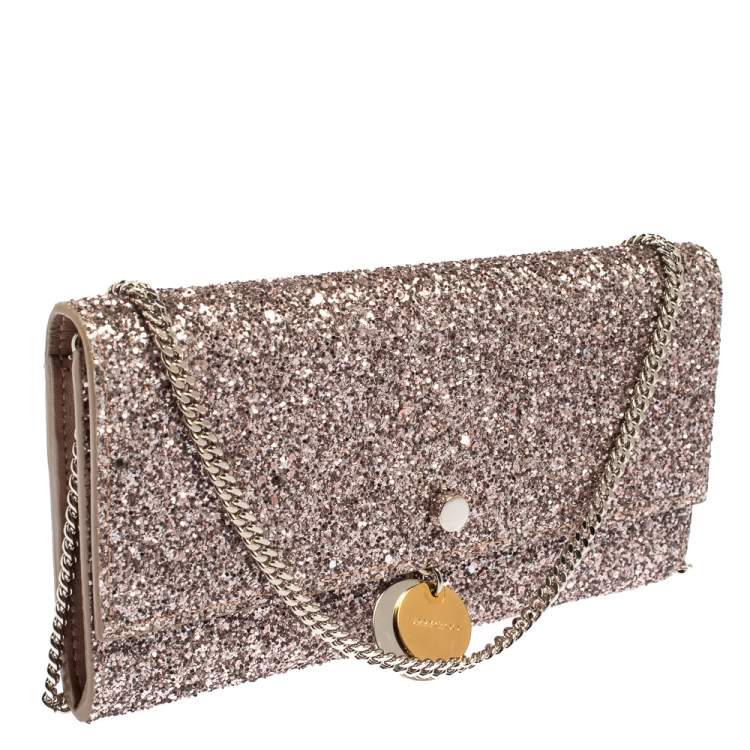 Pre Owned Jimmy Choo Light Pink Coarse Glitter Fie Chain Clutch