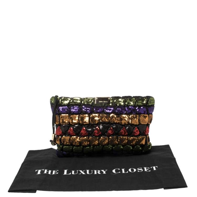 Pre Owned  Jimmy Choo Multicolor Sequins and Leather Colorblock Wristlet Clutch