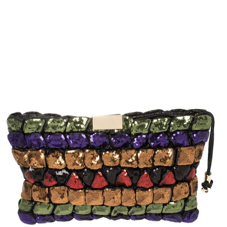 Pre Owned  Jimmy Choo Multicolor Sequins and Leather Colorblock Wristlet Clutch