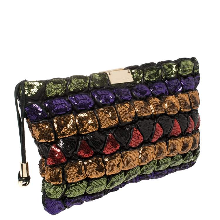 Pre Owned  Jimmy Choo Multicolor Sequins and Leather Colorblock Wristlet Clutch