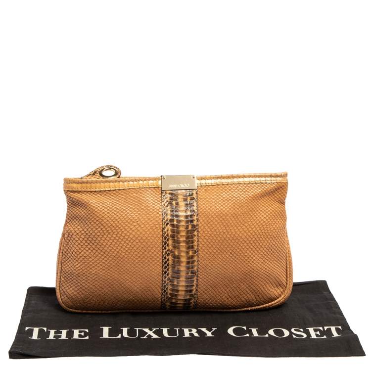 Pre Owned Jimmy Choo Brown Leather and Python Trim Zulu Clutch