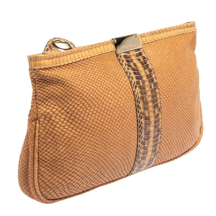 Pre Owned Jimmy Choo Brown Leather and Python Trim Zulu Clutch