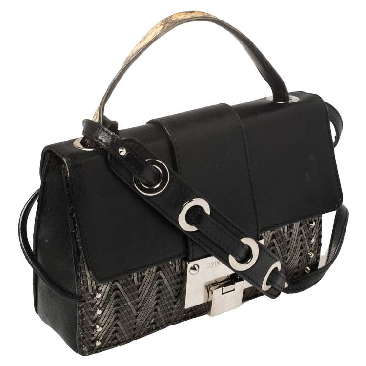 Pre Owned Jimmy Choo Silver/Black Leather Studded Rebel Flap Crossbody Bag