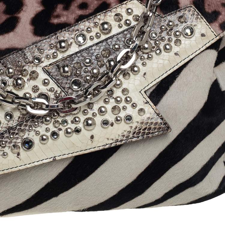 Pre Owned Jimmy Choo Animal Print Pony Hair And Snakeskin Embellished Shoulder Bag