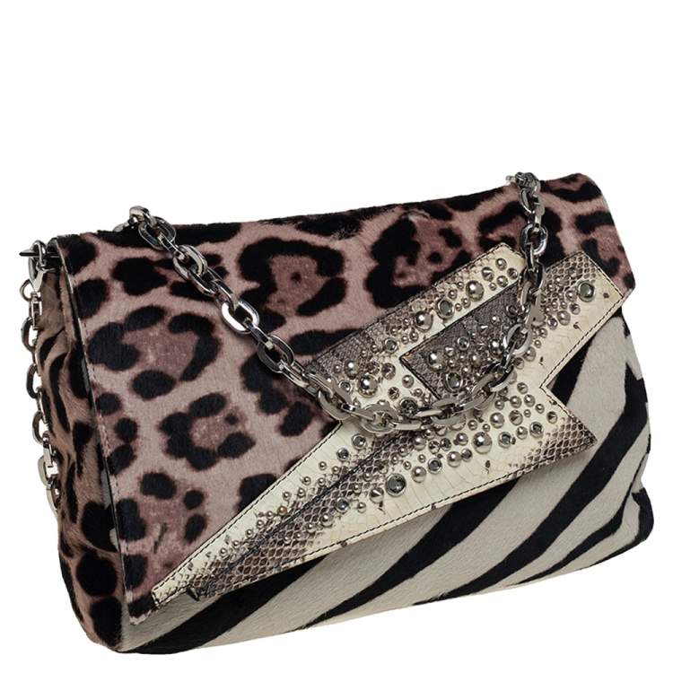 Pre Owned Jimmy Choo Animal Print Pony Hair And Snakeskin Embellished Shoulder Bag