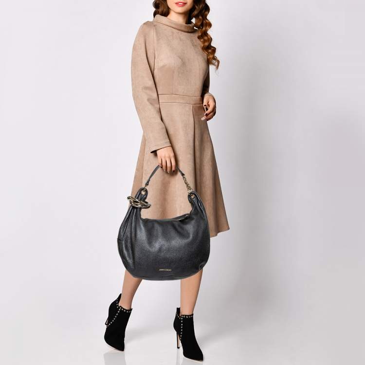 Pre Owned Jimmy Choo Dark Grey Grained Leather and Snakeskin Trim Sky Bangle Hobo