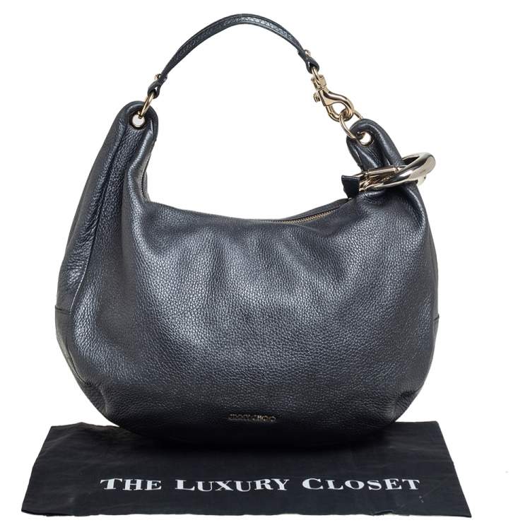 Pre Owned Jimmy Choo Dark Grey Grained Leather and Snakeskin Trim Sky Bangle Hobo