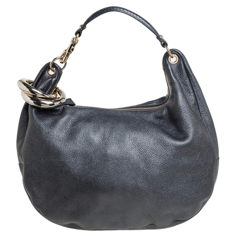 Pre Owned Jimmy Choo Dark Grey Grained Leather and Snakeskin Trim Sky Bangle Hobo