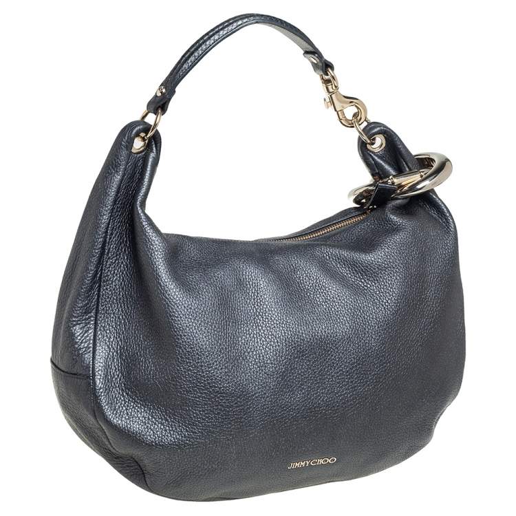 Pre Owned Jimmy Choo Dark Grey Grained Leather and Snakeskin Trim Sky Bangle Hobo