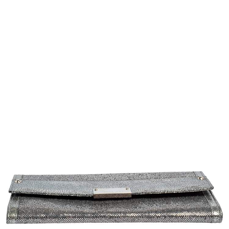 Pre Owned Jimmy Choo Metallic Silver Leather and Glitter Reese Clutch