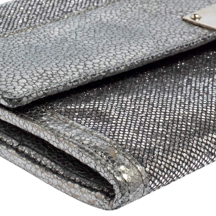 Pre Owned Jimmy Choo Metallic Silver Leather and Glitter Reese Clutch