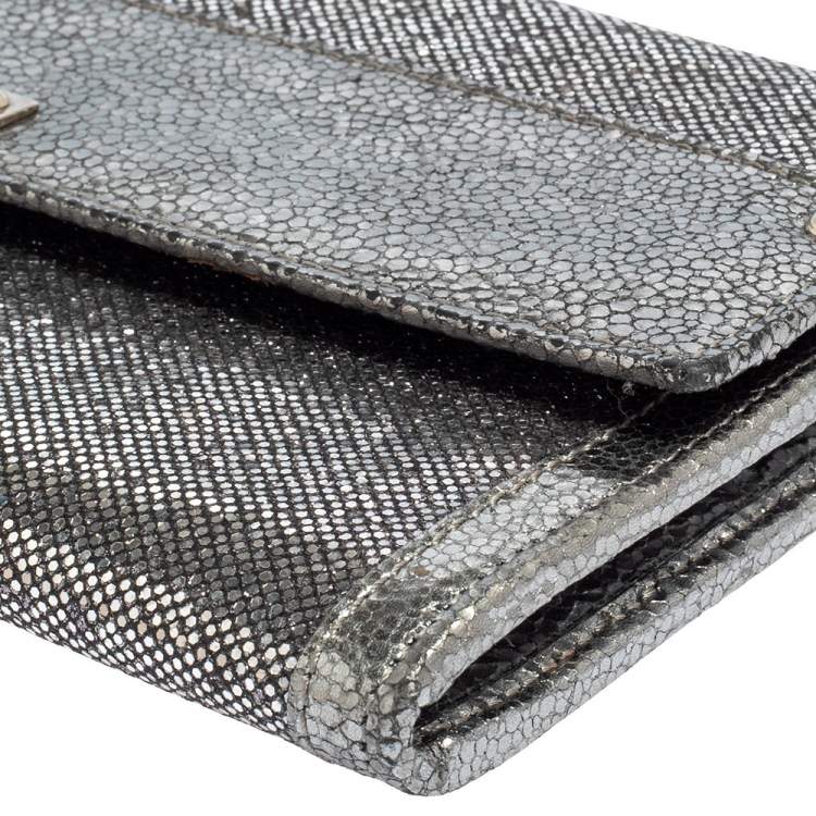 Pre Owned Jimmy Choo Metallic Silver Leather and Glitter Reese Clutch