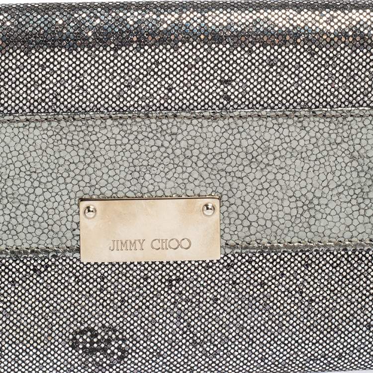 Pre Owned Jimmy Choo Metallic Silver Leather and Glitter Reese Clutch