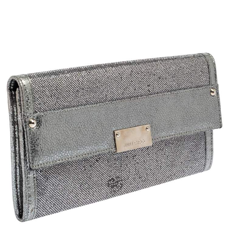 Pre Owned Jimmy Choo Metallic Silver Leather and Glitter Reese Clutch