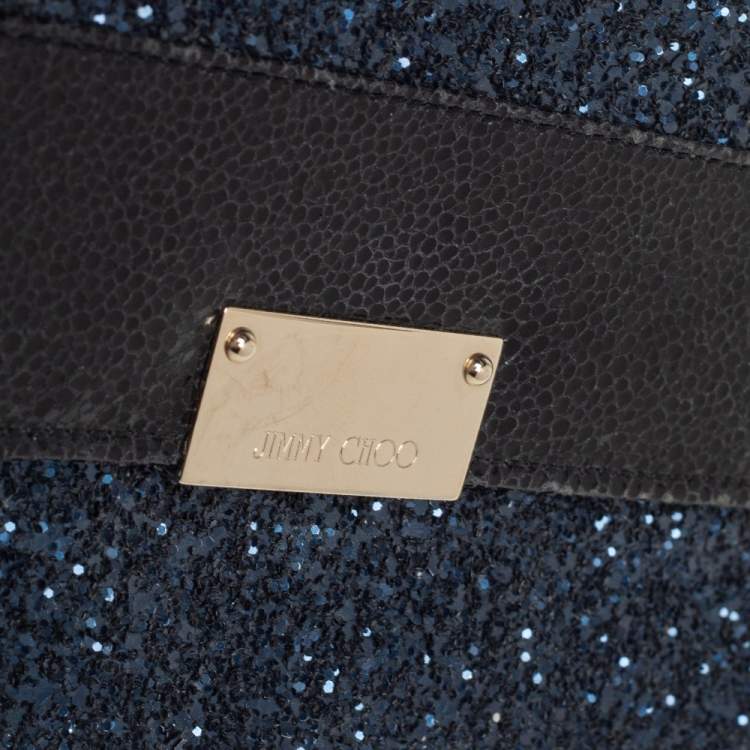 Pre Owned Jimmy Choo Black/ Blue Glitter and Patent Leather Reese Flap Clutch