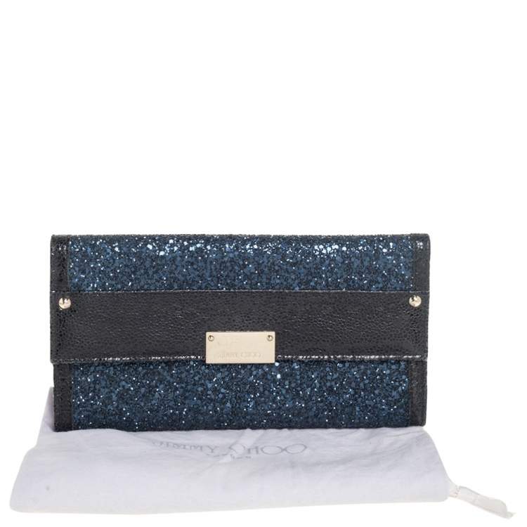 Pre Owned Jimmy Choo Black/ Blue Glitter and Patent Leather Reese Flap Clutch