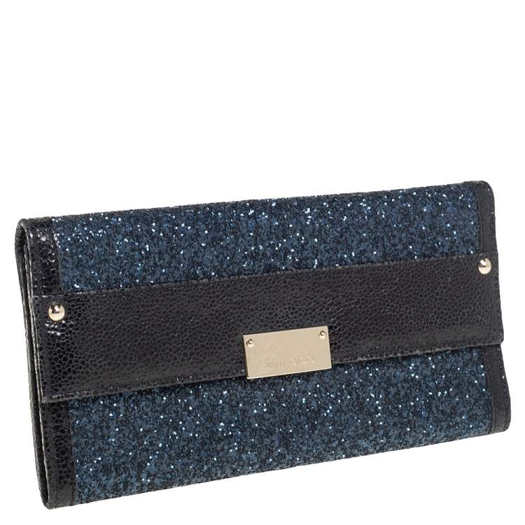 Pre Owned Jimmy Choo Black/ Blue Glitter and Patent Leather Reese Flap Clutch