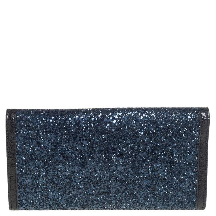 Pre Owned Jimmy Choo Black/ Blue Glitter and Patent Leather Reese Flap Clutch