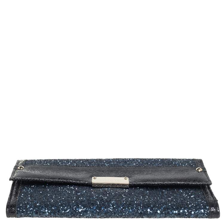 Pre Owned Jimmy Choo Black/ Blue Glitter and Patent Leather Reese Flap Clutch