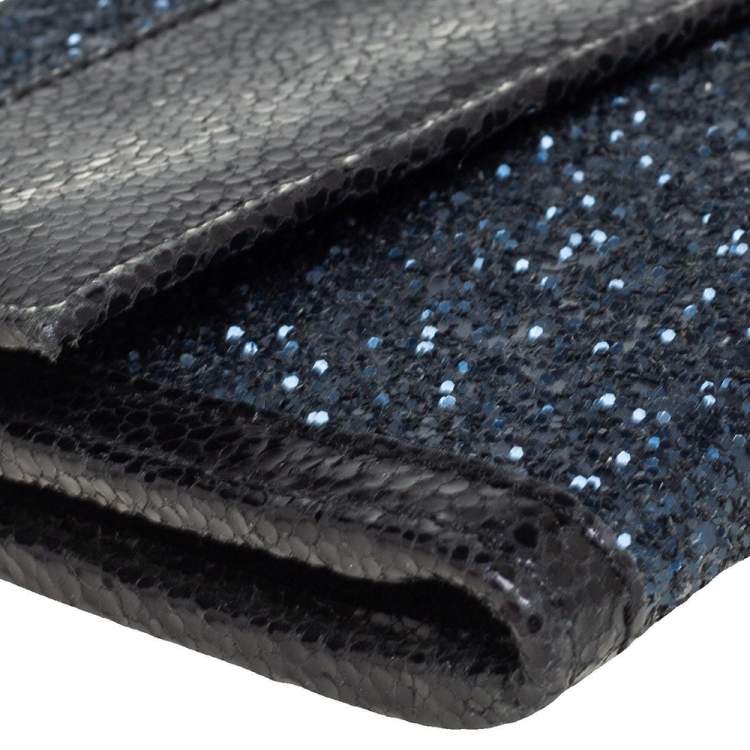 Pre Owned Jimmy Choo Black/ Blue Glitter and Patent Leather Reese Flap Clutch