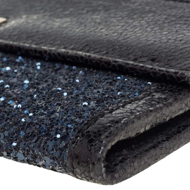 Pre Owned Jimmy Choo Black/ Blue Glitter and Patent Leather Reese Flap Clutch