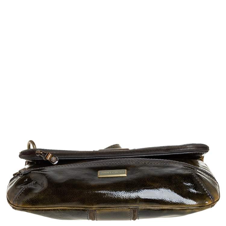 مملوكة مسبقًا Jimmy Choo Dark Green Patent Leather Mave Foldover Clutch