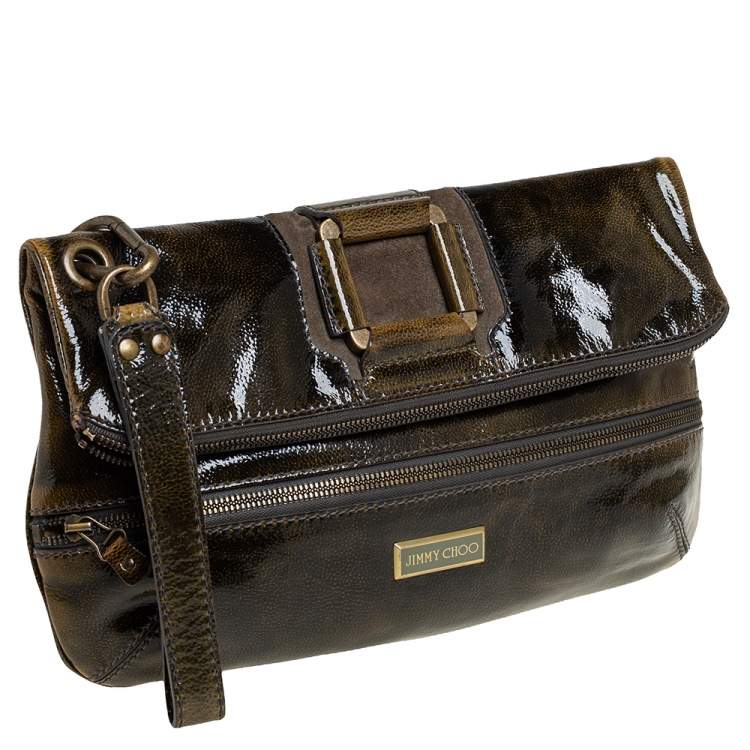 مملوكة مسبقًا Jimmy Choo Dark Green Patent Leather Mave Foldover Clutch