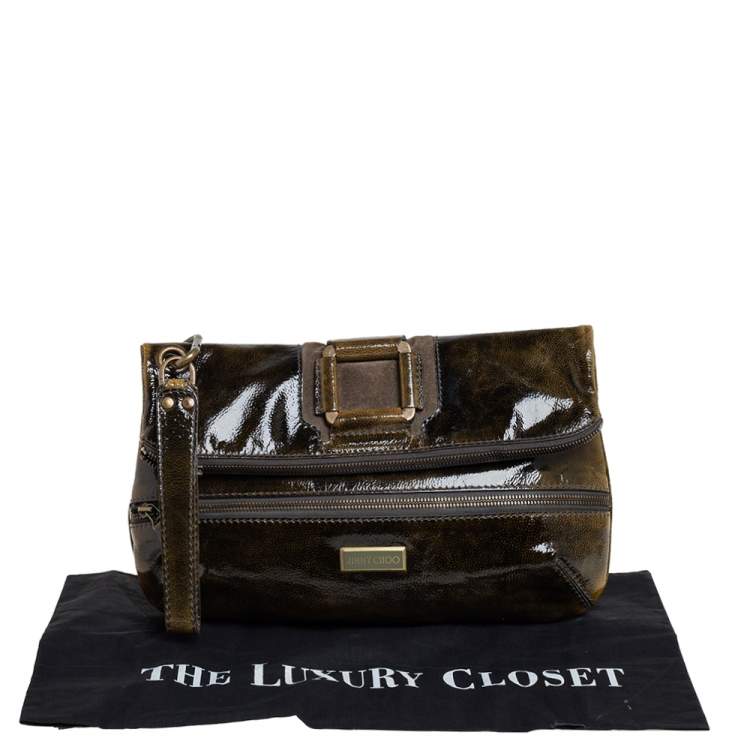 مملوكة مسبقًا Jimmy Choo Dark Green Patent Leather Mave Foldover Clutch