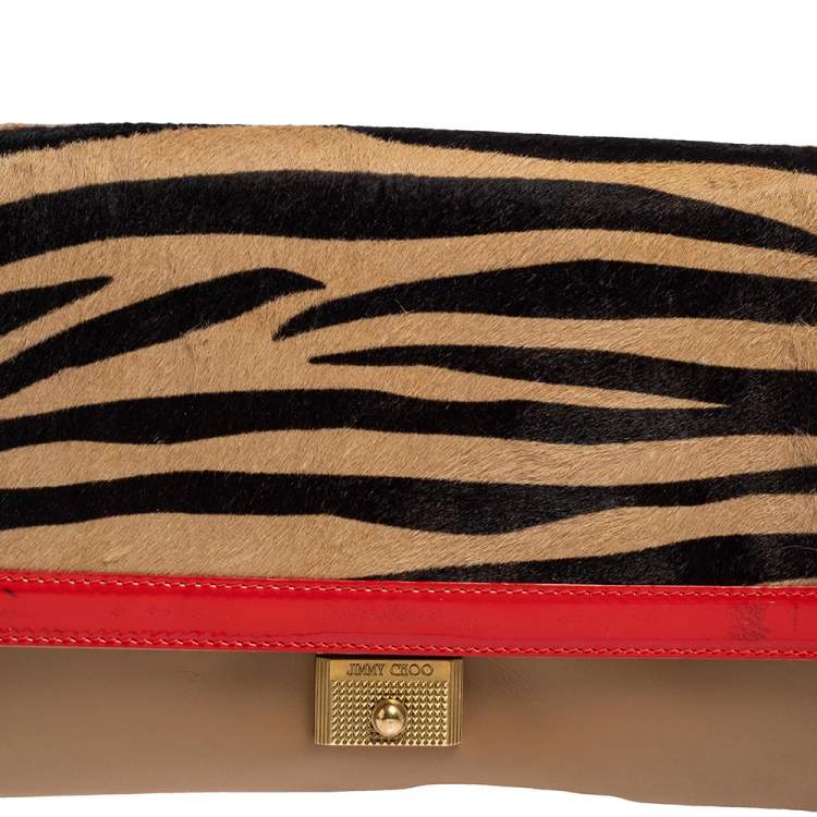 Pre Owned Jimmy Choo Zebra Print Calfhair, Patent and Leather Flap Chain Shoulder Bag