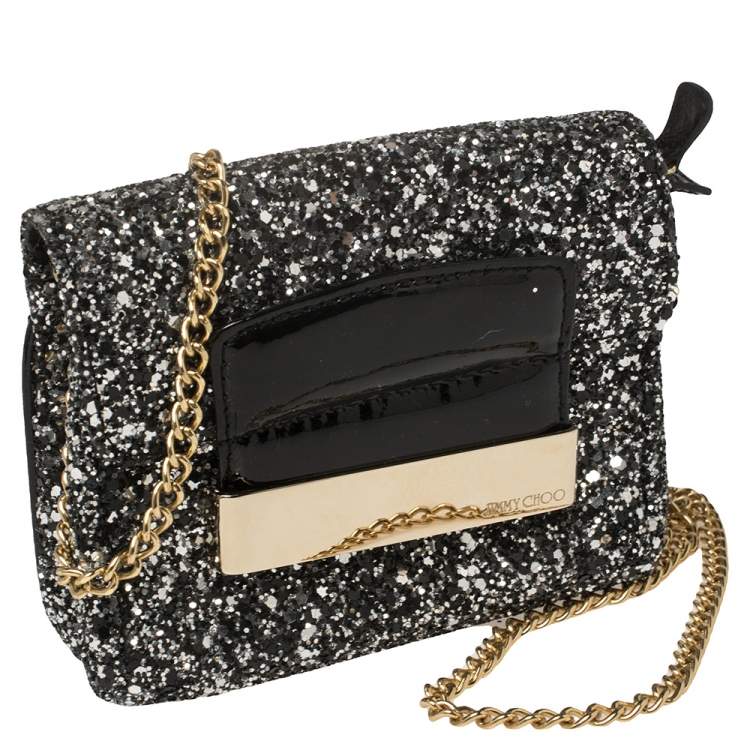Pre Owned Jimmy Choo Black Glitter and Patent Leather Mini Rebel Crossbody Bag