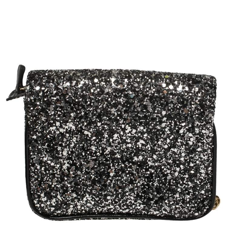 Pre Owned Jimmy Choo Black Glitter and Patent Leather Mini Rebel Crossbody Bag