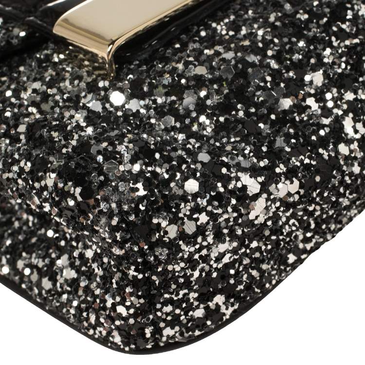 Pre Owned Jimmy Choo Black Glitter and Patent Leather Mini Rebel Crossbody Bag