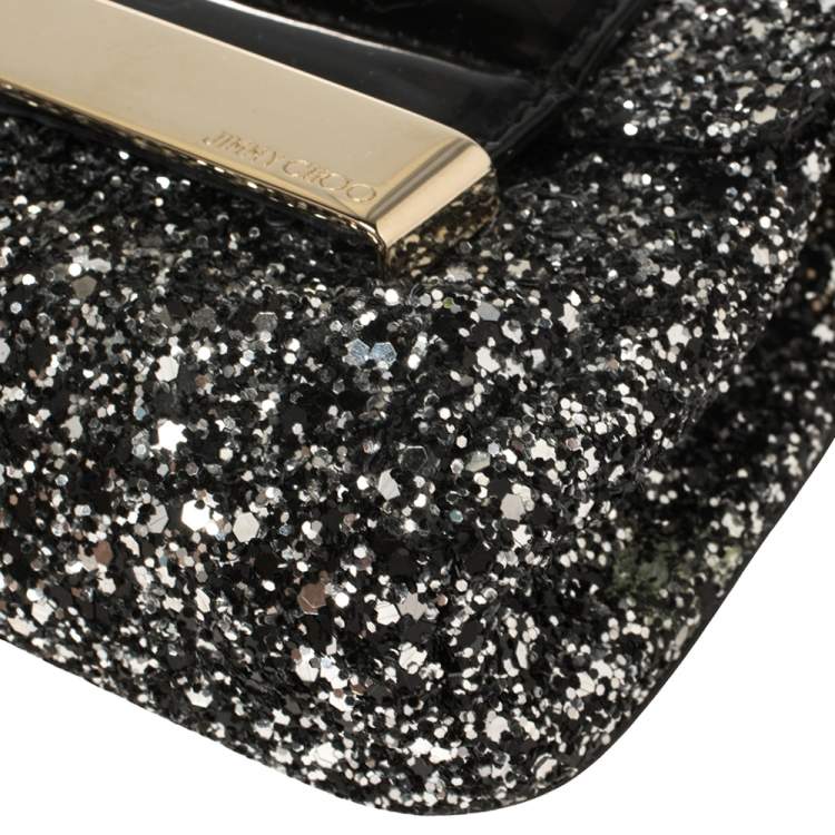 Pre Owned Jimmy Choo Black Glitter and Patent Leather Mini Rebel Crossbody Bag