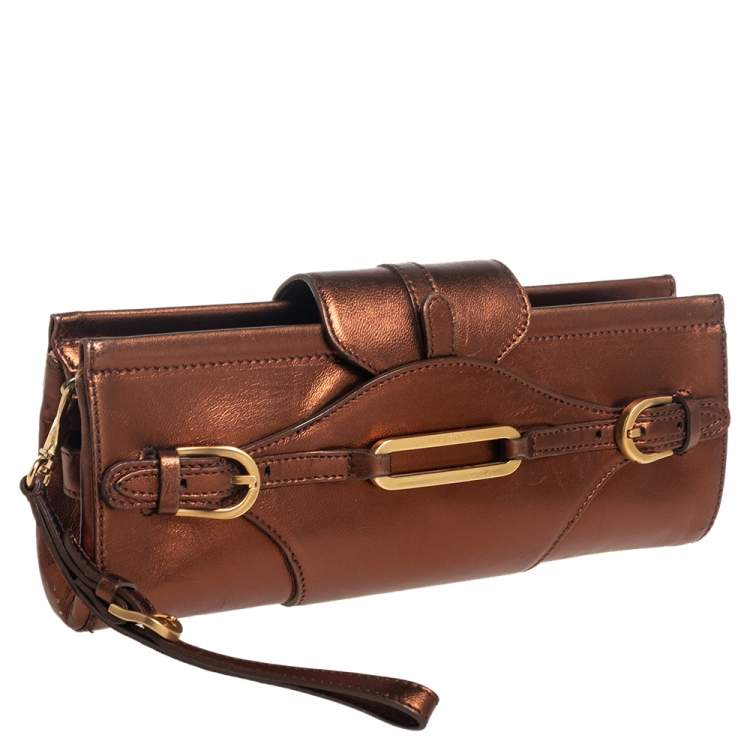 Pre Owned Jimmy Choo Metallic Bronze Leather Tulita Wristlet Clutch 