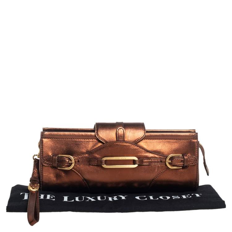 Pre Owned Jimmy Choo Metallic Bronze Leather Tulita Wristlet Clutch 
