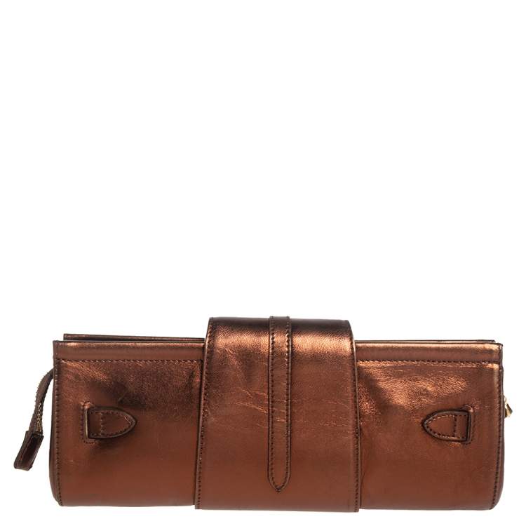 Pre Owned Jimmy Choo Metallic Bronze Leather Tulita Wristlet Clutch 