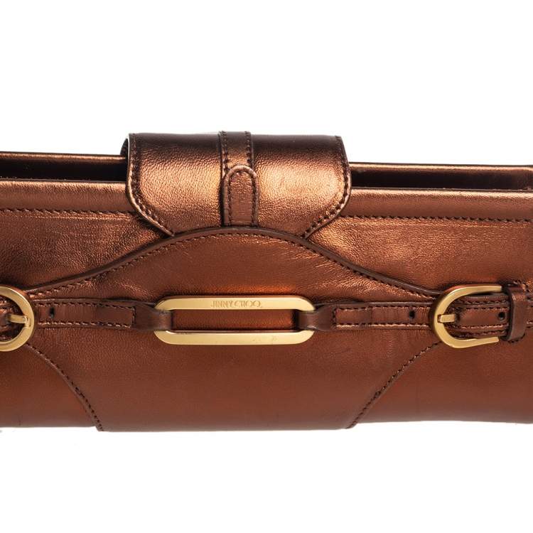 Pre Owned Jimmy Choo Metallic Bronze Leather Tulita Wristlet Clutch 