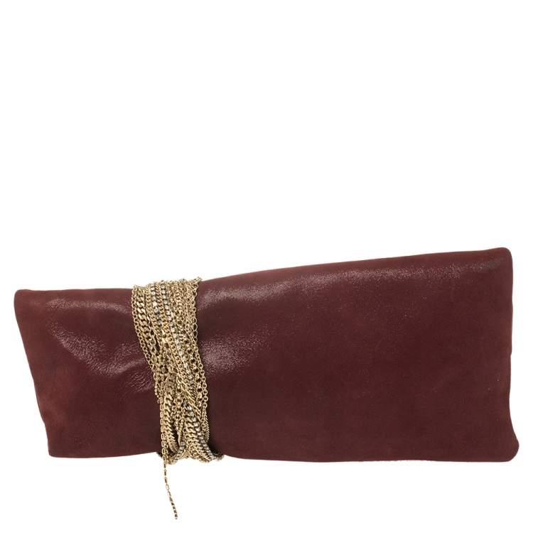 Pre Owned Jimmy Choo Maroon Shimmery Suede Chandra Clutch
