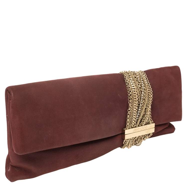 Pre Owned Jimmy Choo Maroon Shimmery Suede Chandra Clutch