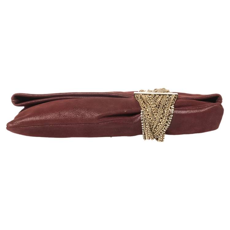 Pre Owned Jimmy Choo Maroon Shimmery Suede Chandra Clutch