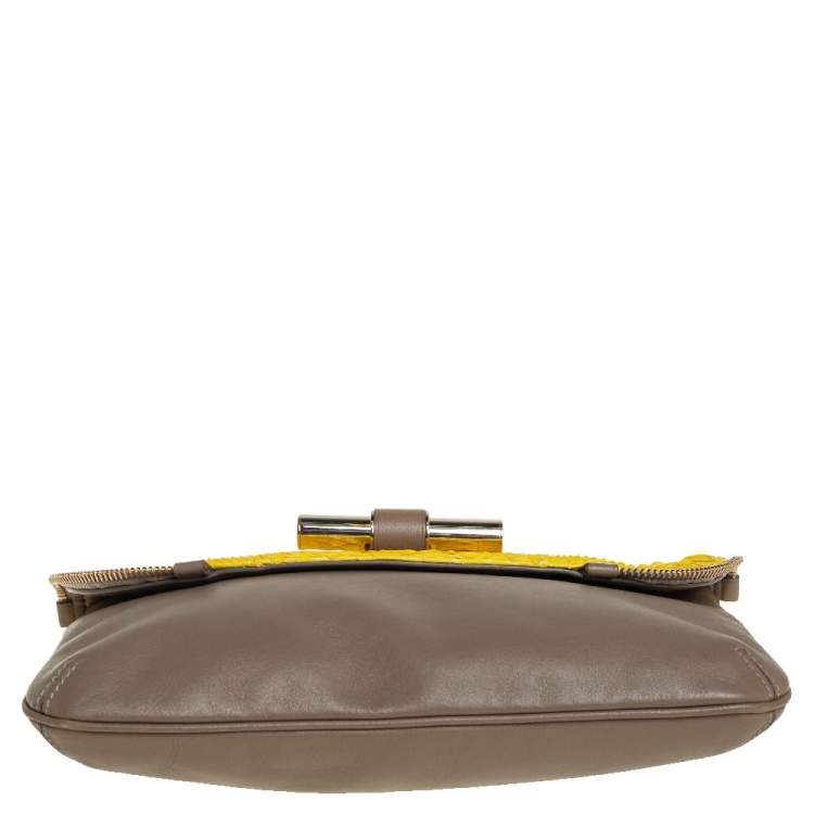 Pre Owned Jimmy Choo Yellow/Dark Beige Python and Leather Jasmine Clutch