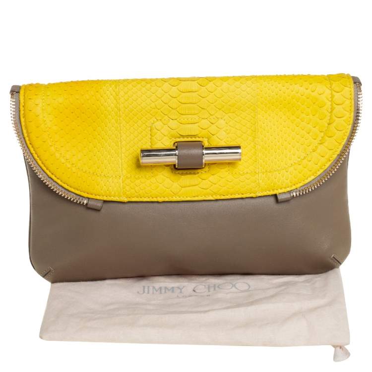 Pre Owned Jimmy Choo Yellow/Dark Beige Python and Leather Jasmine Clutch