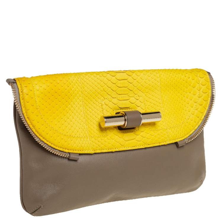 Pre Owned Jimmy Choo Yellow/Dark Beige Python and Leather Jasmine Clutch