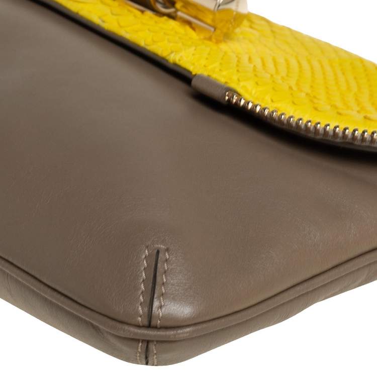 Pre Owned Jimmy Choo Yellow/Dark Beige Python and Leather Jasmine Clutch