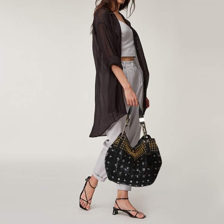 Pre Owned Jimmy Choo Black Leather Lohla Embellished Hobo