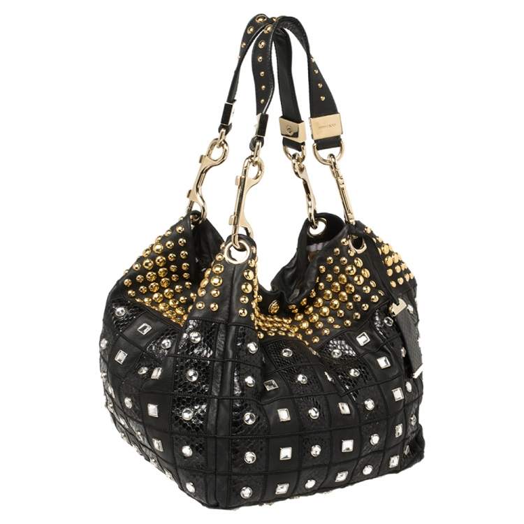 Pre Owned Jimmy Choo Black Leather Lohla Embellished Hobo