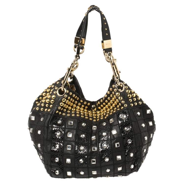 Pre Owned Jimmy Choo Black Leather Lohla Embellished Hobo
