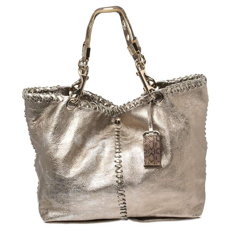 Pre Owned Jimmy Choo Metallic Leather and Snakeskin Trim Whipstitch Tote