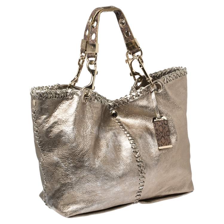 Pre Owned Jimmy Choo Metallic Leather and Snakeskin Trim Whipstitch Tote