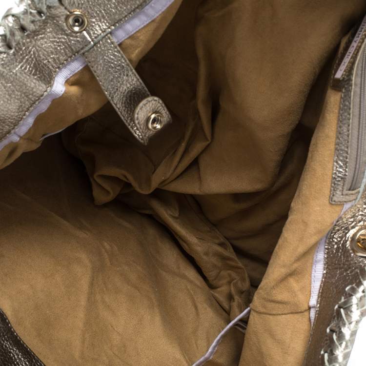 Pre Owned Jimmy Choo Metallic Leather and Snakeskin Trim Whipstitch Tote